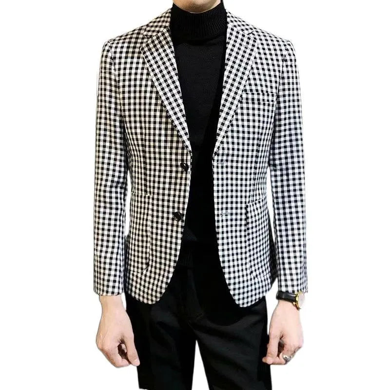 Black and white plaid loose fit casual jacket for youth work wear cotton blend