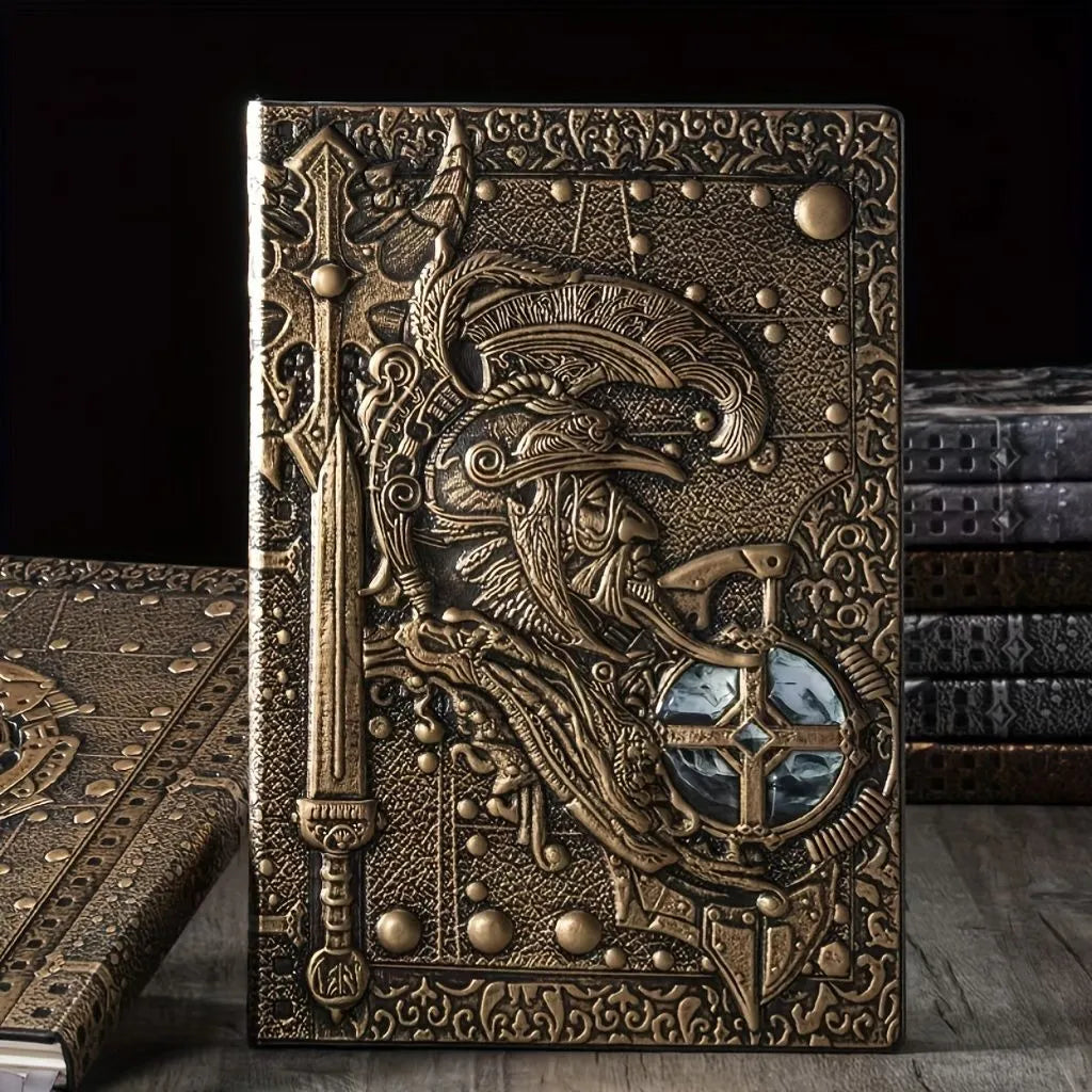 Handmade leather A5 notebook with a detailed embossed 3D warrior relief on the cover.