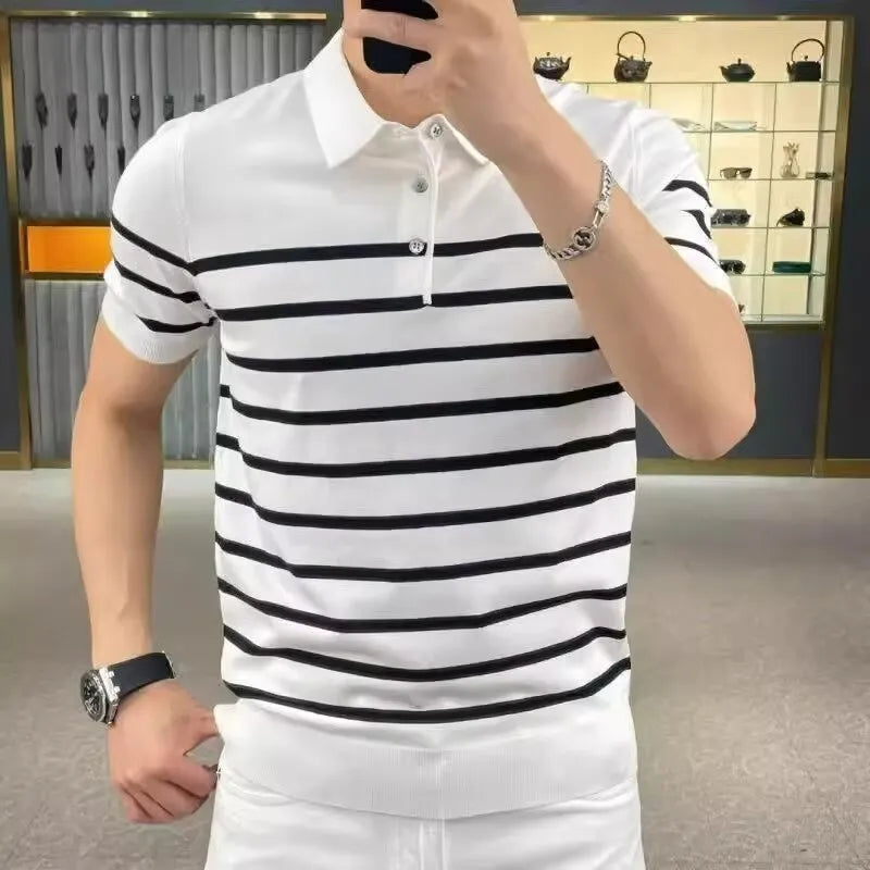 Men's black and white striped lapel V-neck long sleeve knitted T-shirt on a hanger.