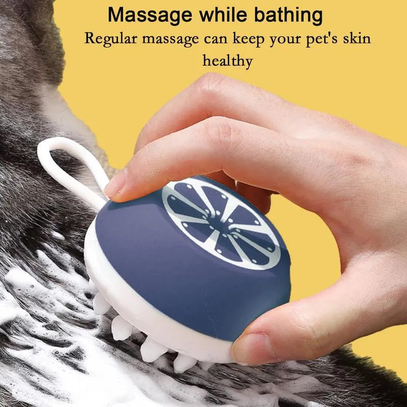 Blue handheld silicone dog shampoo brush with massage points for bath time.