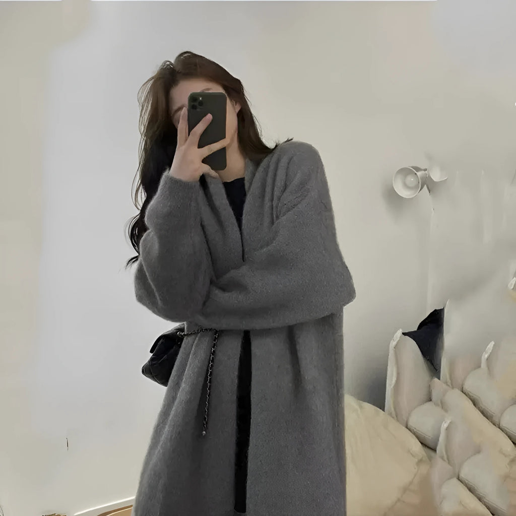 Women's loose Chenille knit cardigan sweater in dark grey with 3D stitching pattern and regular sleeves