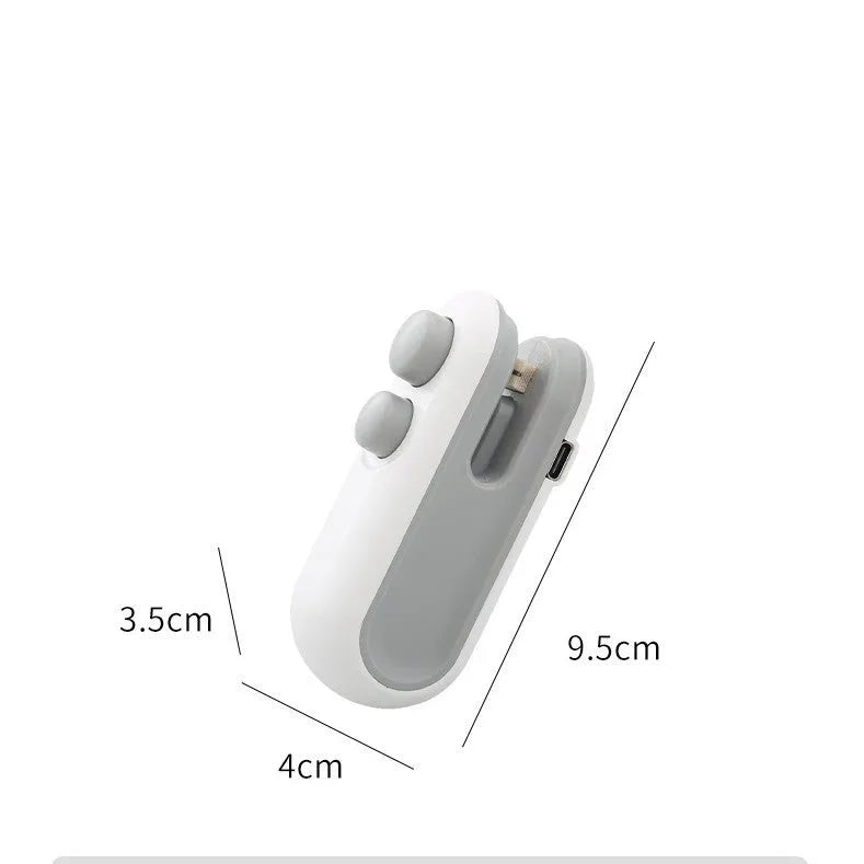 Blue and white handheld USB rechargeable heat sealer with built-in cutter for sealing food bags.