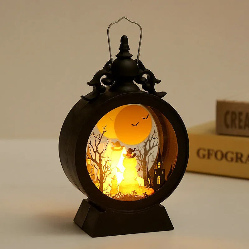 Halloween retro candle portable storm lantern with hook, LED light in pumpkin colour, 9.5x15cm size
