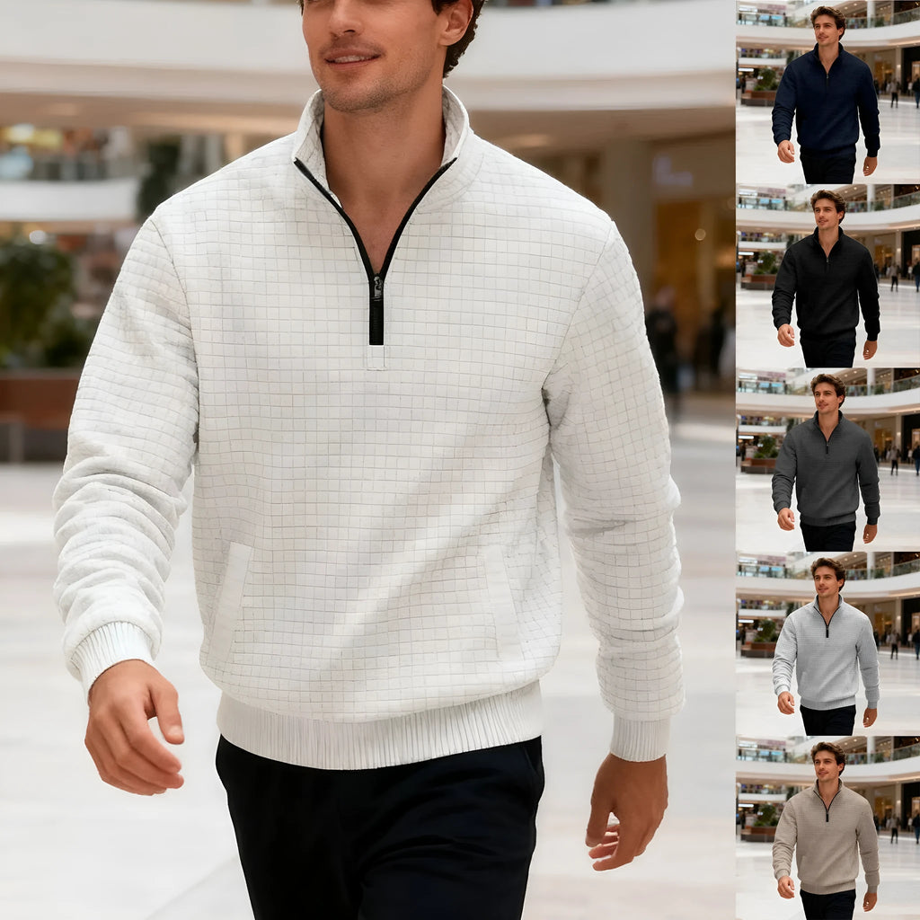 Men's stand-up collar long sleeve jacquard check sweatshirt in light gray, front view