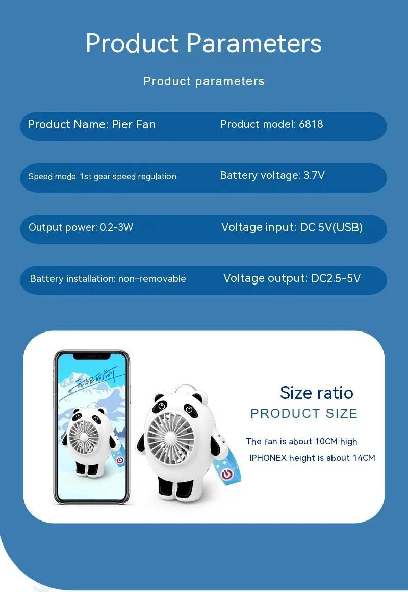 Plastic USB charging mute small fan with cute cartoon design and optional keychain