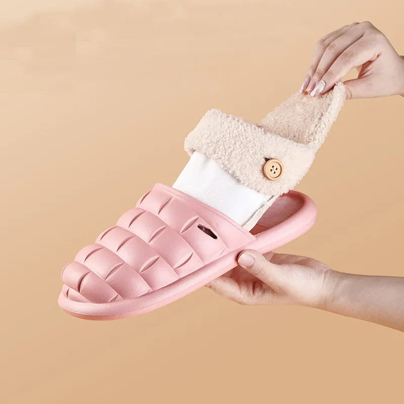 Plaid-patterned detachable EVA house slippers with plush lining, shown in pink, green, yellow, white, grey, or black.