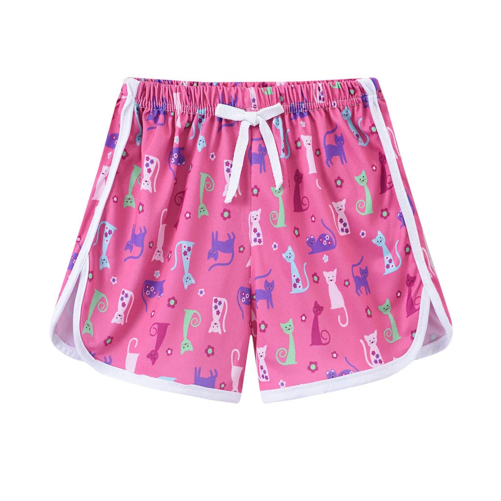 Children's polyester holiday shorts in multiple colours and patterns with height sizing from 100 to 140cm