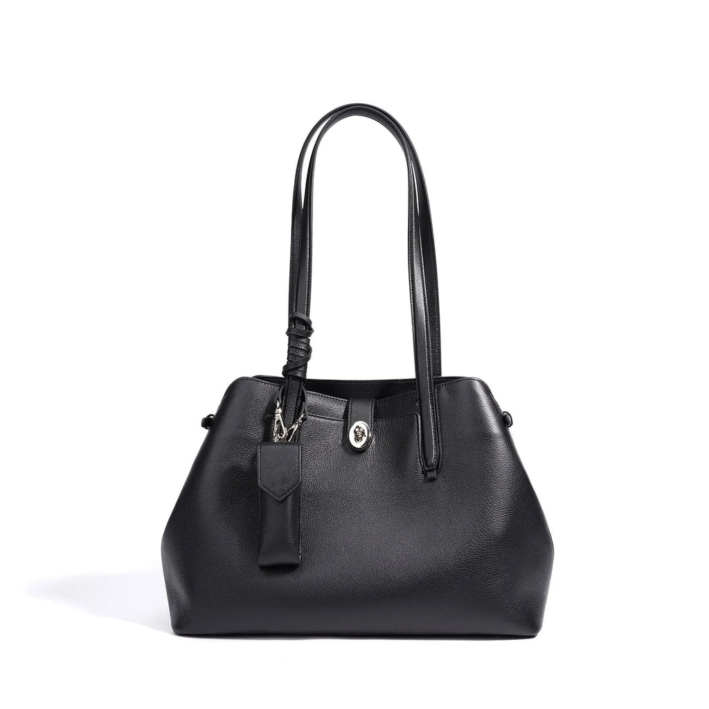 Large capacity genuine leather bucket bag for women in black with crossbody strap and patchwork detail