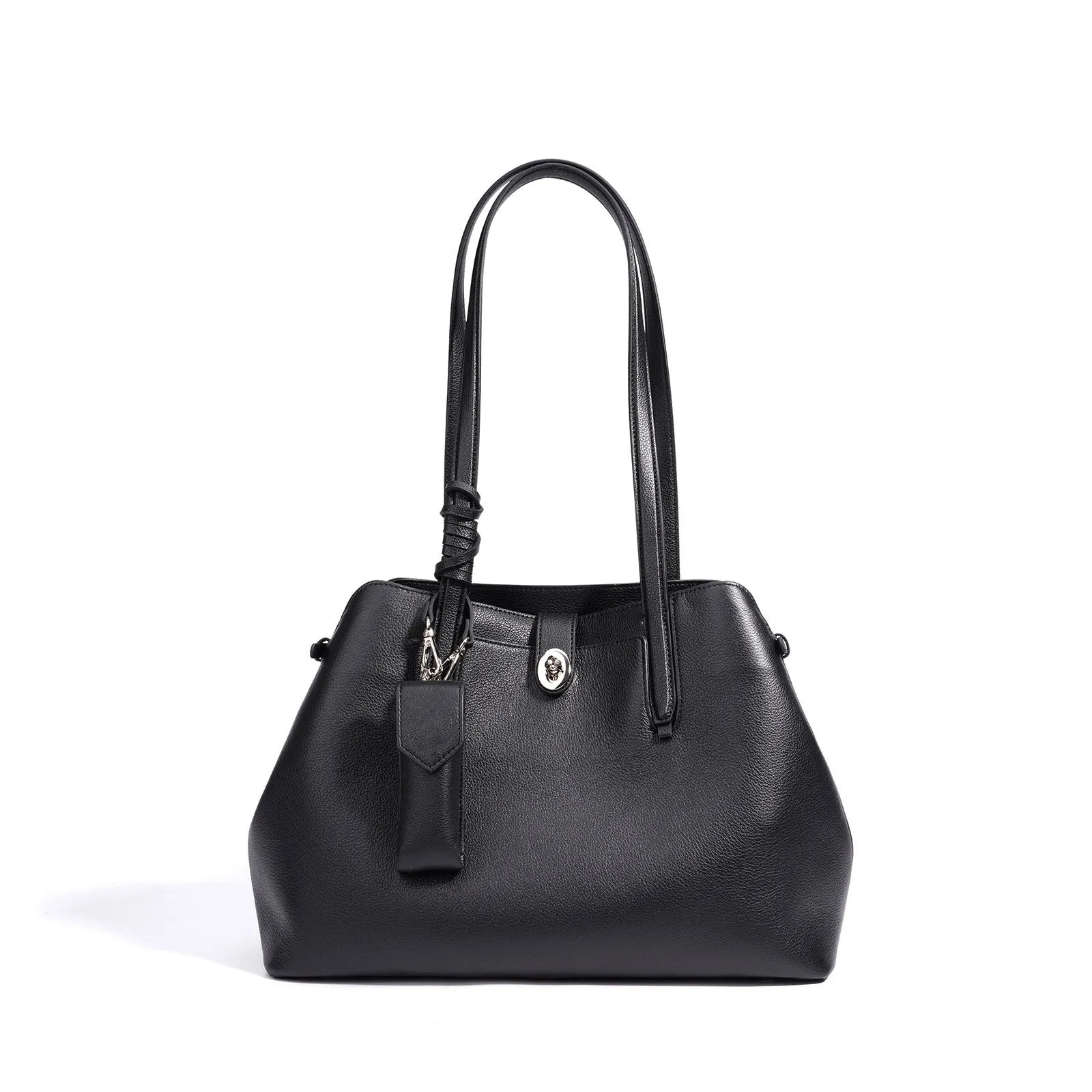 Large capacity genuine leather bucket bag for women in black with crossbody strap and patchwork detail