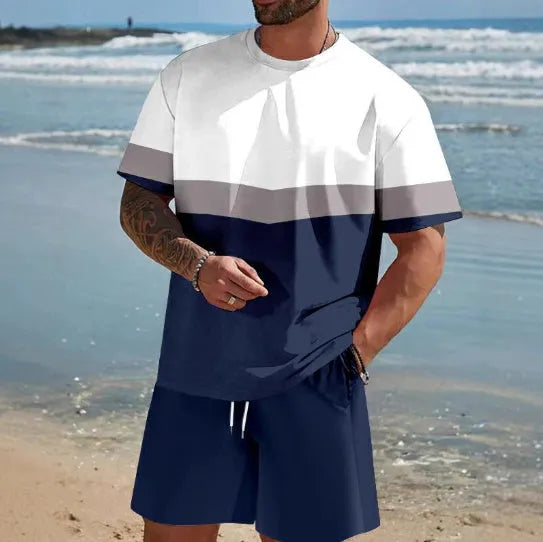Men's loose summer short-sleeve t-shirt and shorts suit in polyester fabric for casual leisure wear