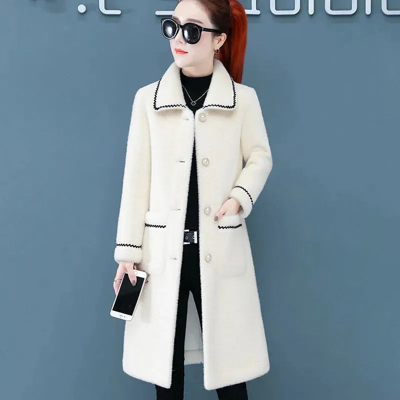 Women's mid-length faux mink fleece coat in blue, straight cut, 3D effect, polyester, no fur collar