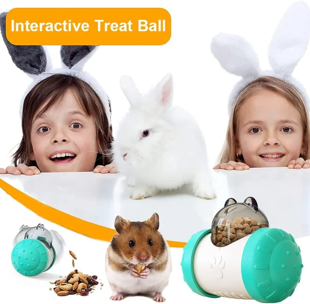 Interactive treat dispensing dog toy in green, 14.6 cm, made from food-grade ABS and PC material with self-standing tumbler design