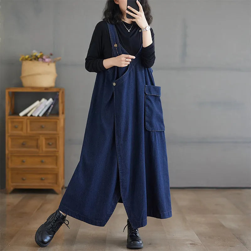 Blue loose fit denim suspender skirt for women in size L to XXXL