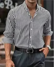 Men's striped casual button shirt with cardigan-style collar and long sleeves in loose fit