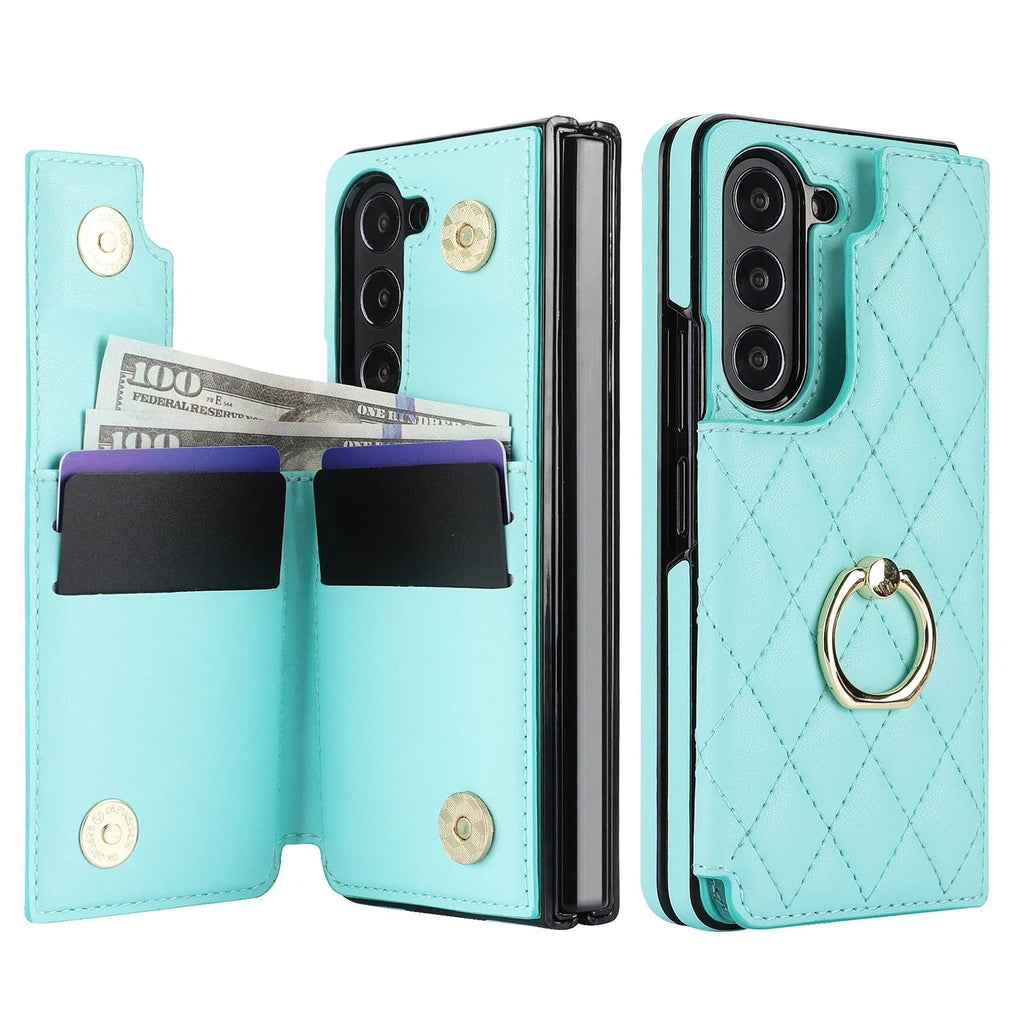 PU leather folding phone case for Samsung Z Fold 5, 4, 3 and 6 with ring stand and double buckle in black, blue, purple, red, rose gold or white
