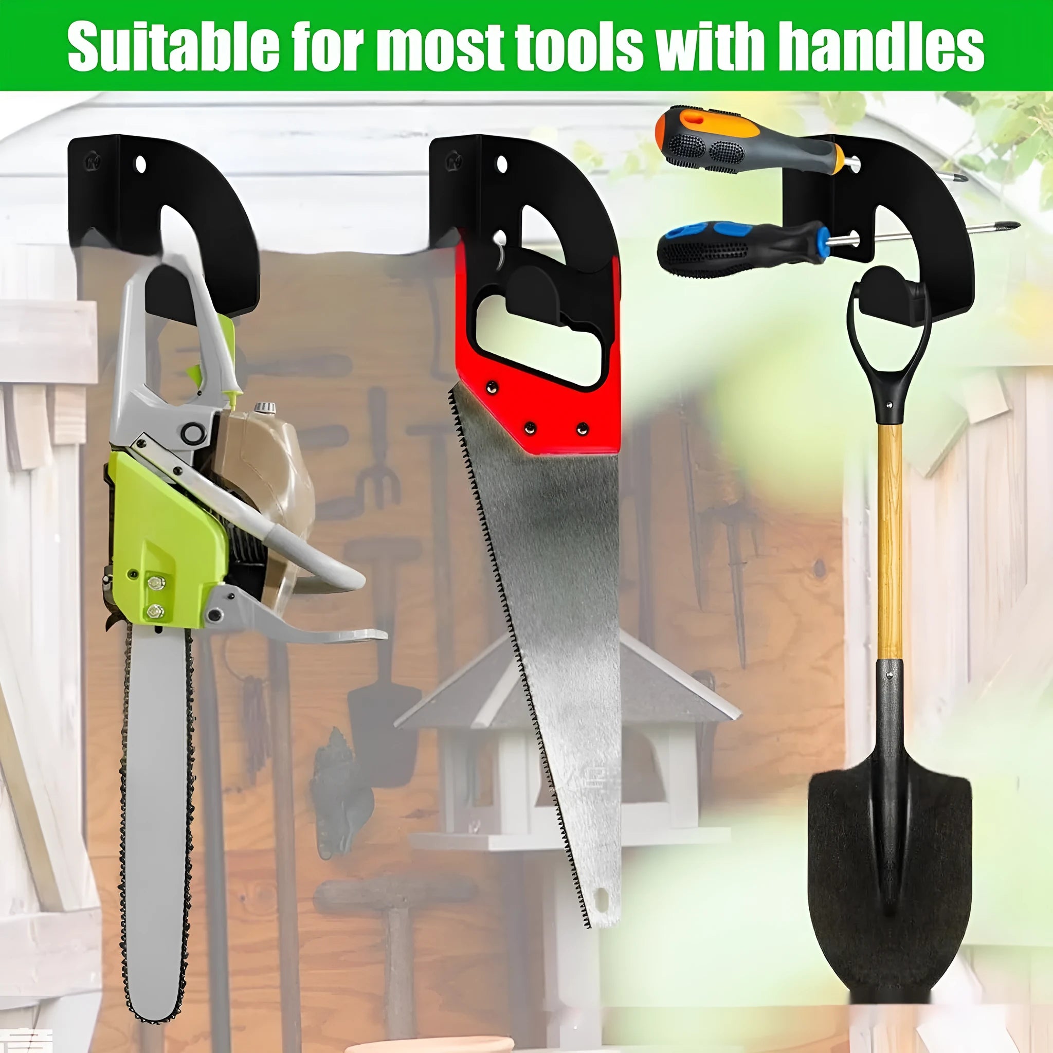 Wall-mounted iron organiser holding a shovel and racket in a garage setting
