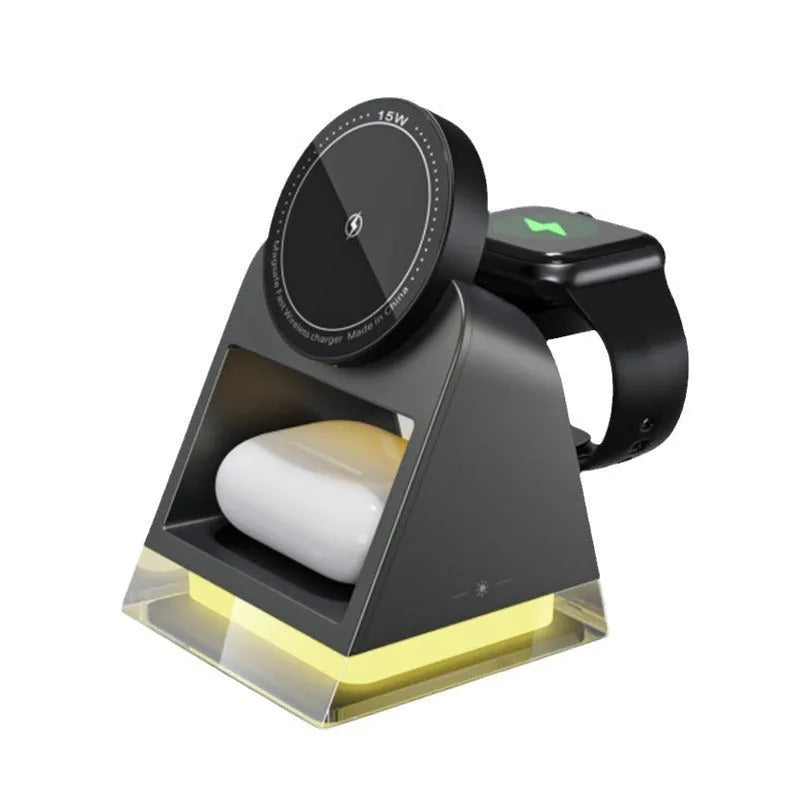 Black three-in-one magnetic wireless charger with small night lamp and Type-C cable for phone watch headset