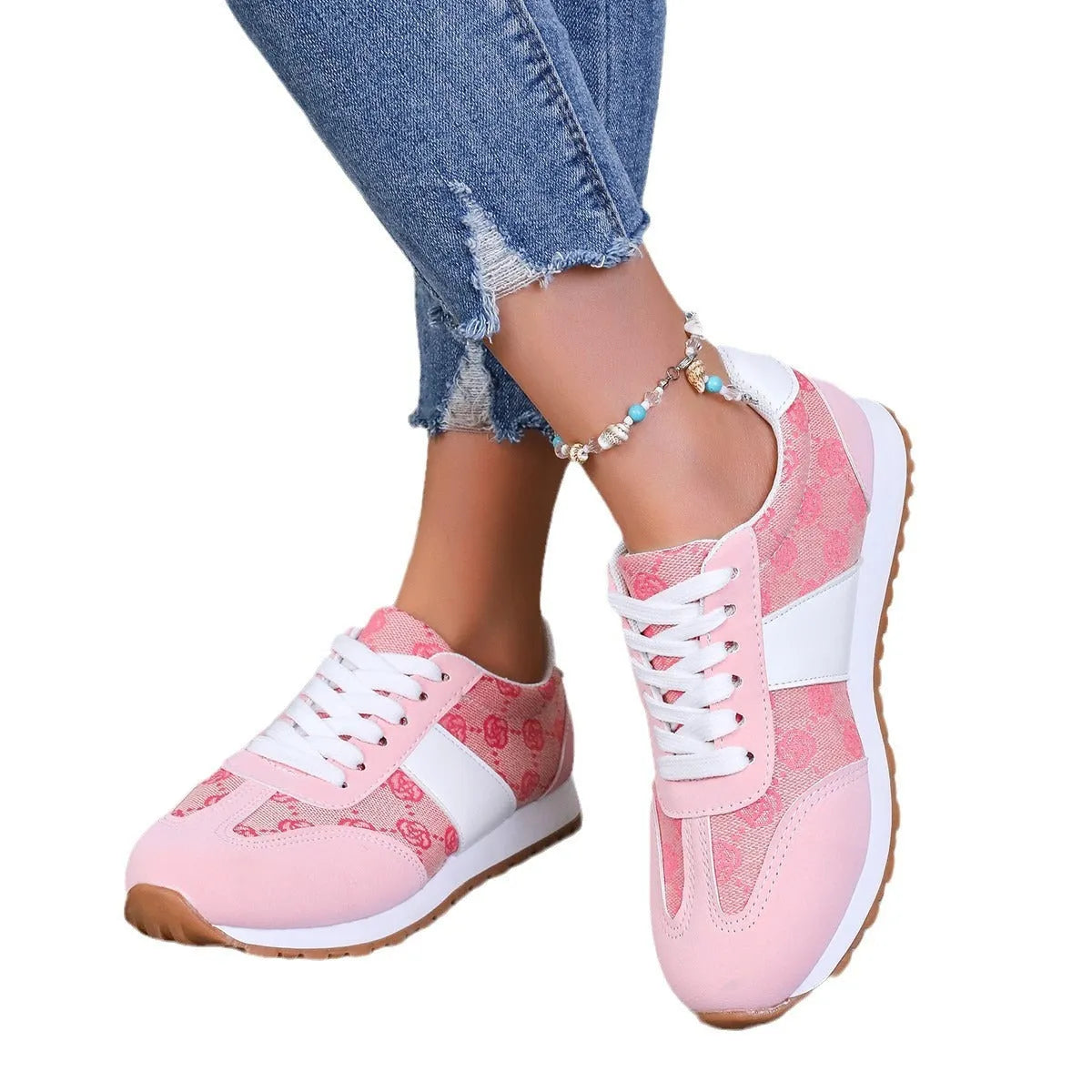 Oversized women's casual flower lace-up shoes in khaki with artificial PU upper and flat rubber sole