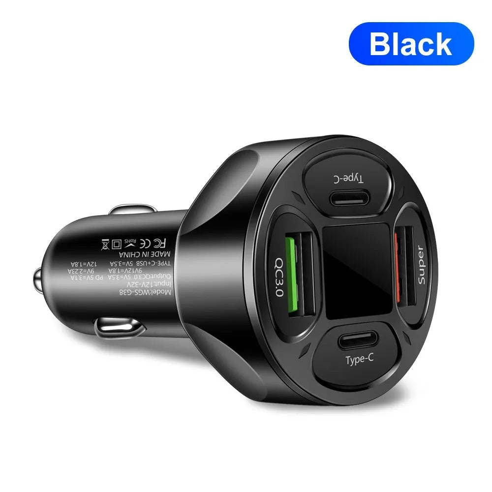 66W black car charger with digital display, two USB ports and two Type-C ports