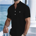 Men's apricot-coloured stand collar linen blend t-shirt on a hanger.
