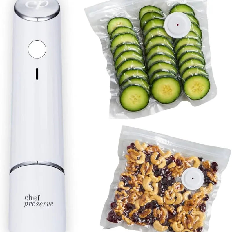 White USB electric suction pump with five 26x28cm food grade vacuum bags and zipper envelope seal