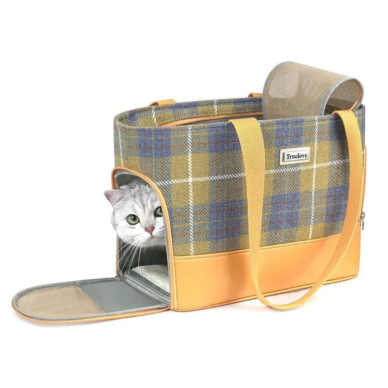 Portable pet backpack in beige brown with breathable space capsule, wool PU construction, side view
