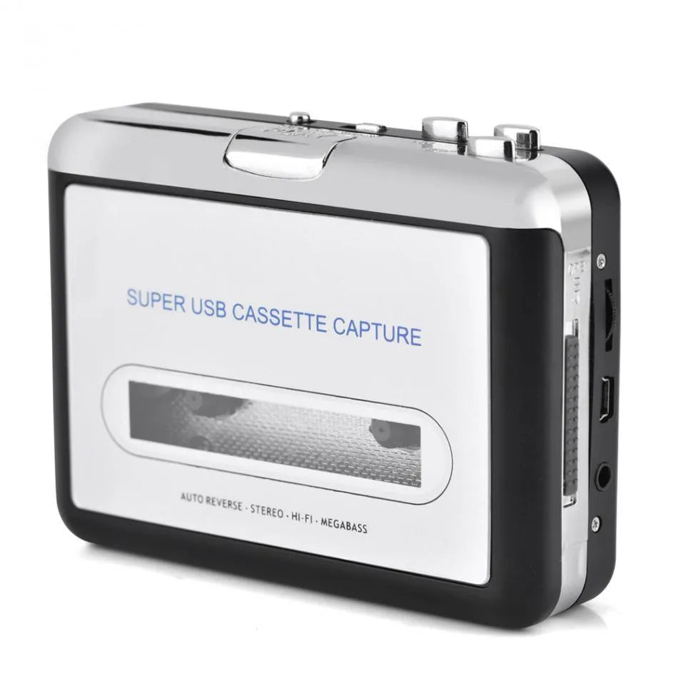 Silver USB cassette tape to MP3 converter unit with USB cable and earphones.