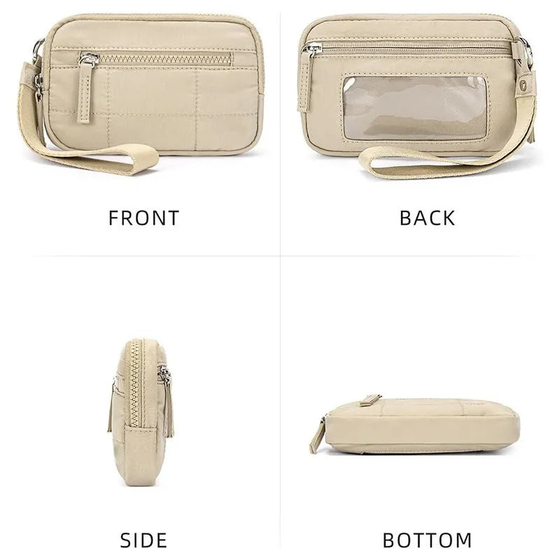 Waterproof quilted women's crossbody handbag with transparent deck panel in nylon material