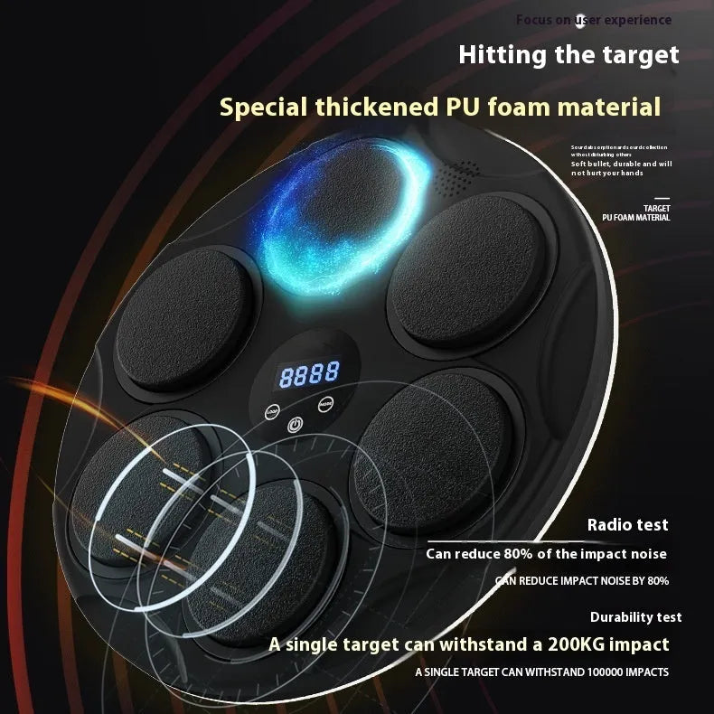 Black wall-mounted boxing target with coloured LED lights and Bluetooth connectivity for smart fitness training