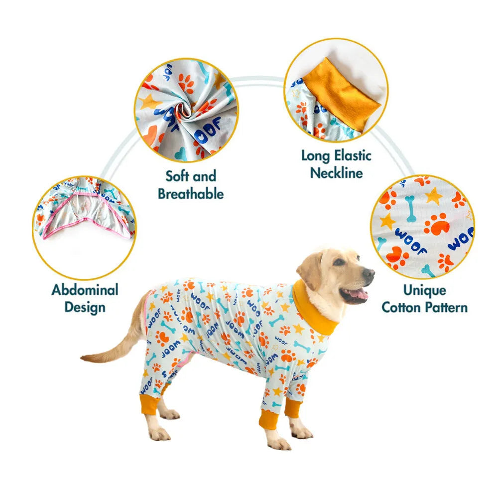 Cotton dog jumpsuit with four-legged design and cute print in multiple colour options