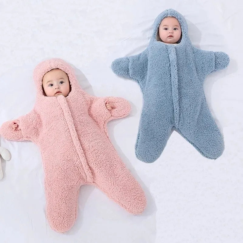 Lamb velvet baby sleeping bag with hood and zip in pink, grey, blue, or khaki colours