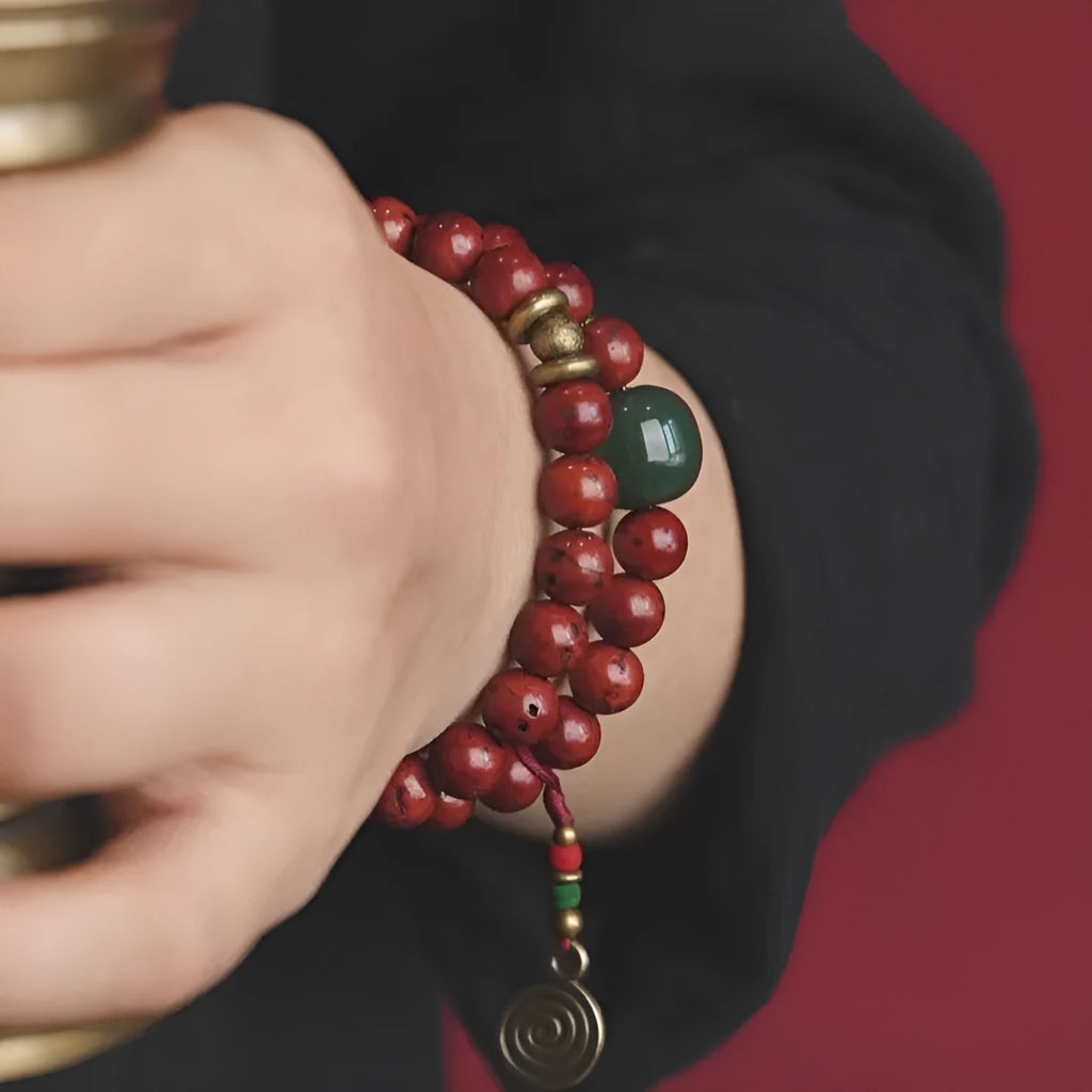A handmade double circle bracelet crafted from natural bodhi seeds in a retro cartoon style.