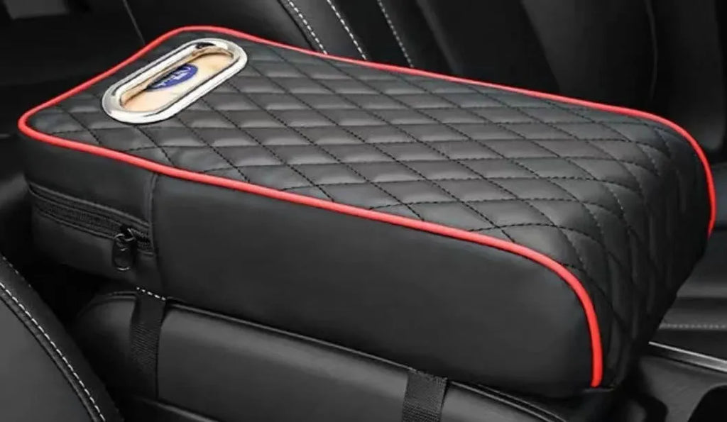 Universal car armrest box cushion in leather with built-in tissue buggy bag
