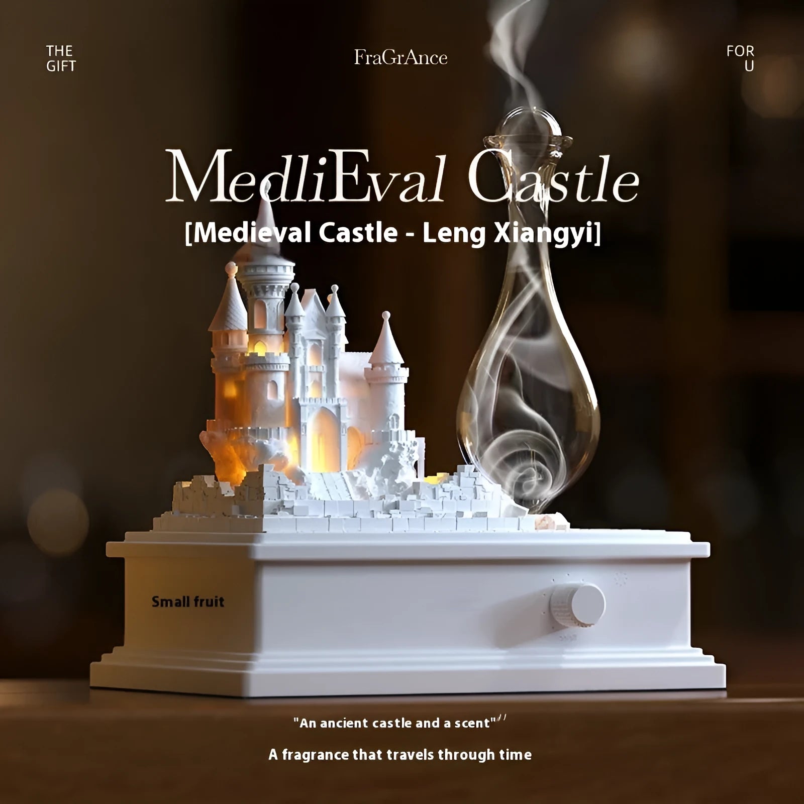 White medieval castle-shaped waterless aromatherapy diffuser with ambient light on a table.