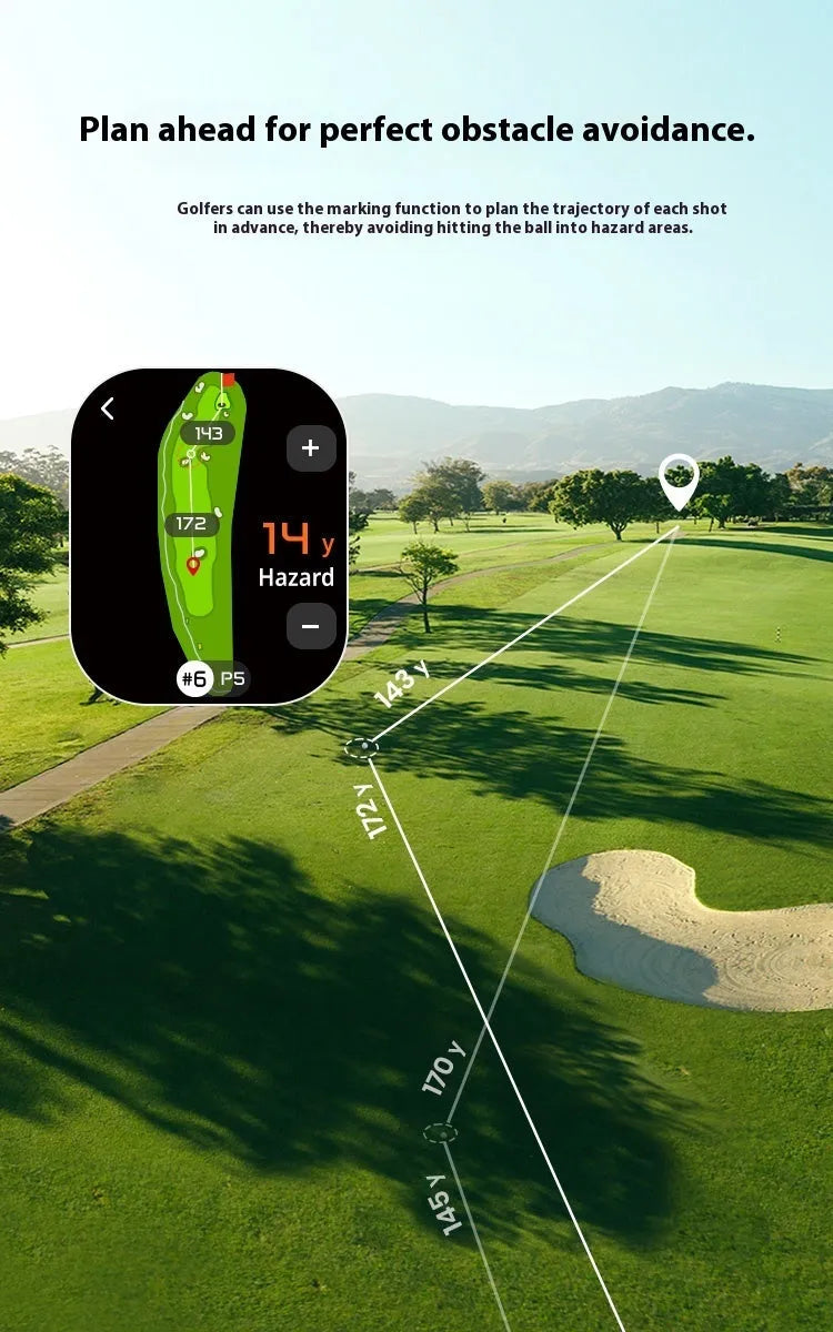 GenePro G1 black golf laser rangefinder with GPS shown on golf course.