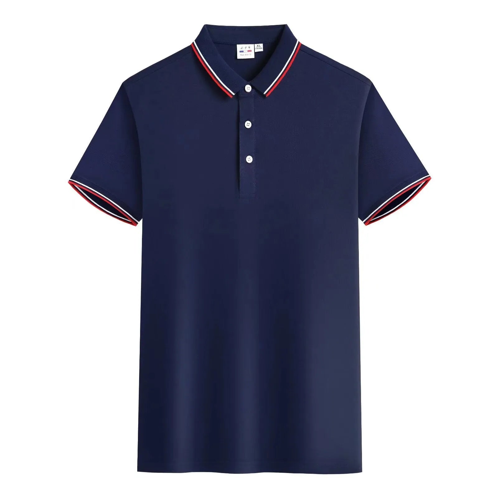 Embroidered lapel short sleeve cotton blend top in navy blue on hanger