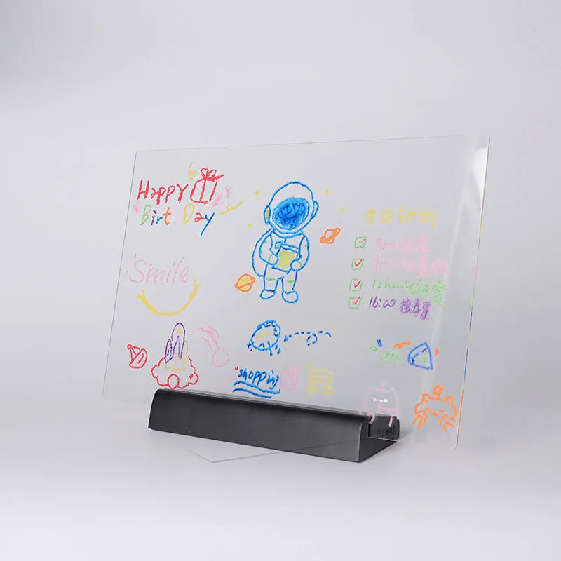 Rechargeable erasable acrylic luminous message board with stand, 12 crayons, black or white frame, 20x20cm or 30x20cm