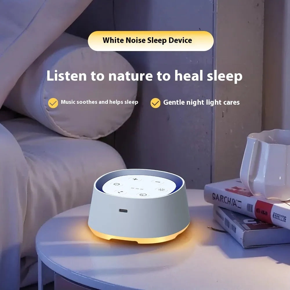 White rechargeable baby crying induction night light with timer and music function on a wooden shelf