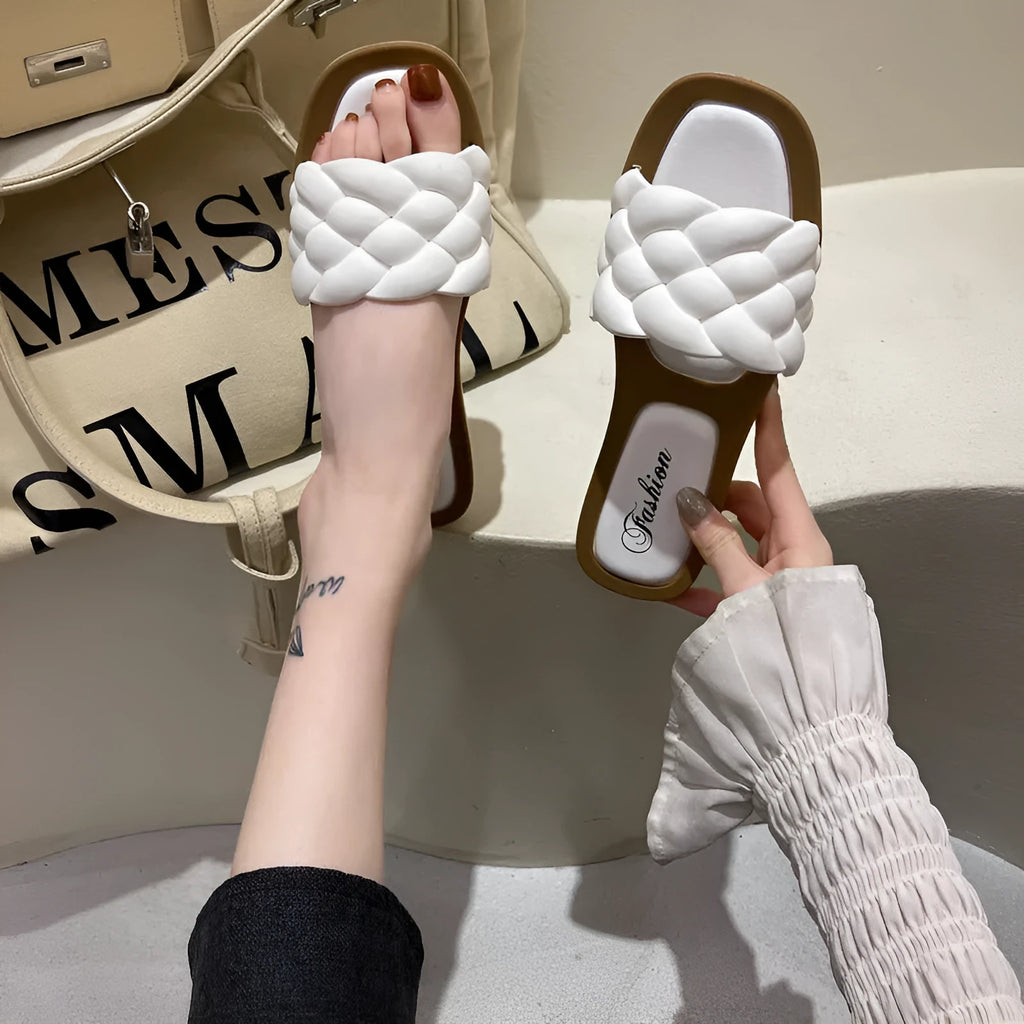 Women's plaid pattern beach sandals with thick anti-skid PVC sole in white, shown from the side.