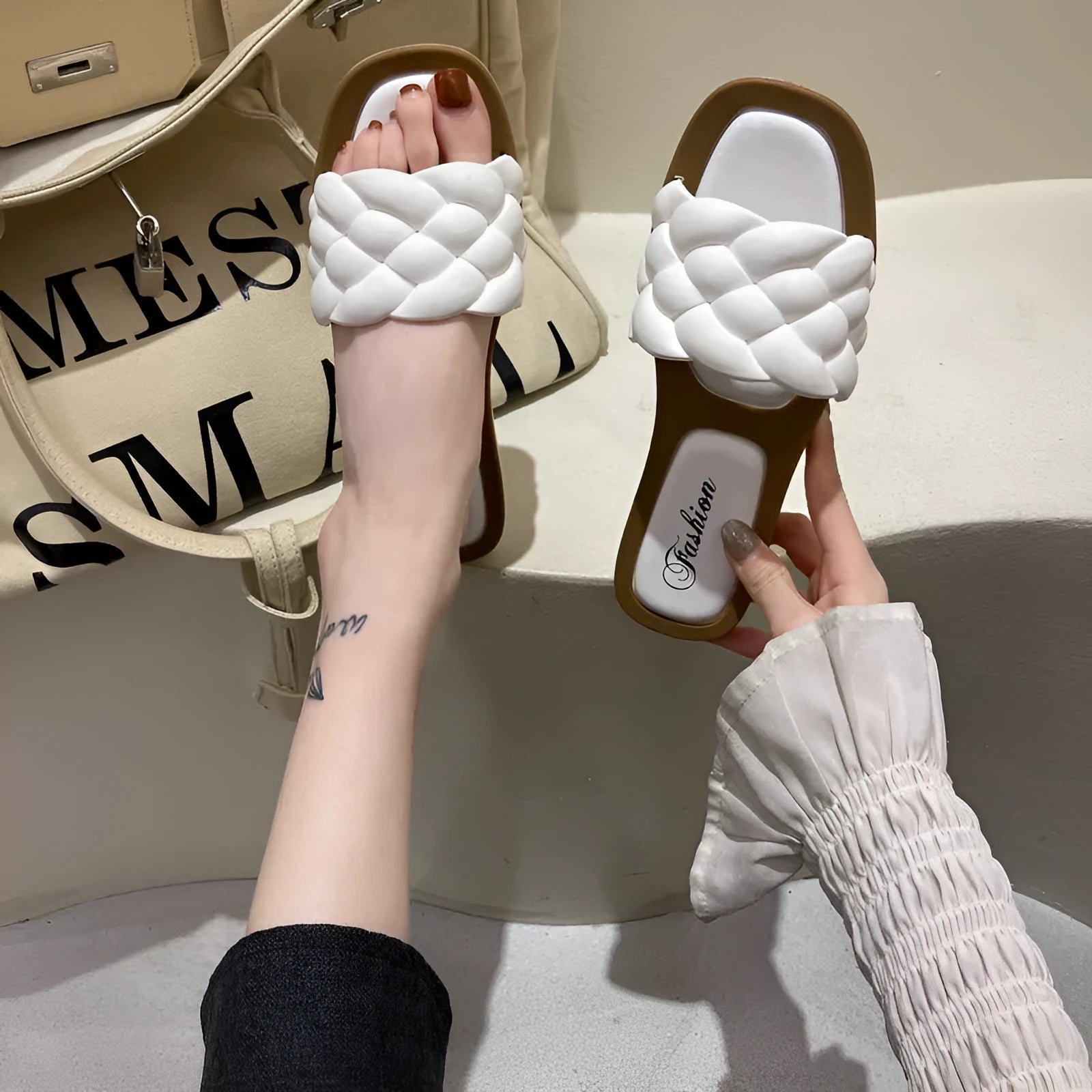 Women's plaid pattern beach sandals with thick anti-skid PVC sole in white, shown from the side.