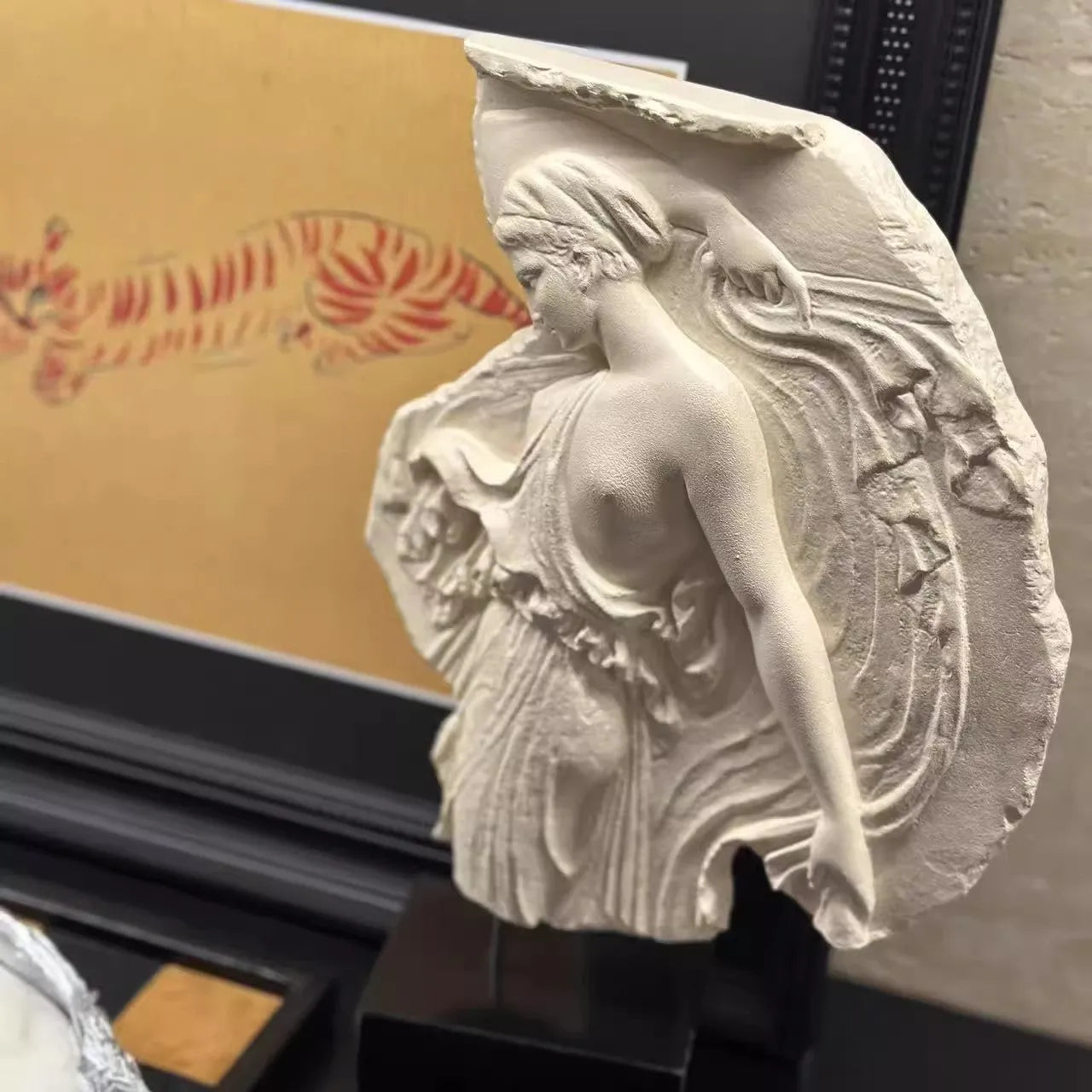 Italian-style Wine Goddess resin sculpture ornament on a shelf, measuring 35cm tall.