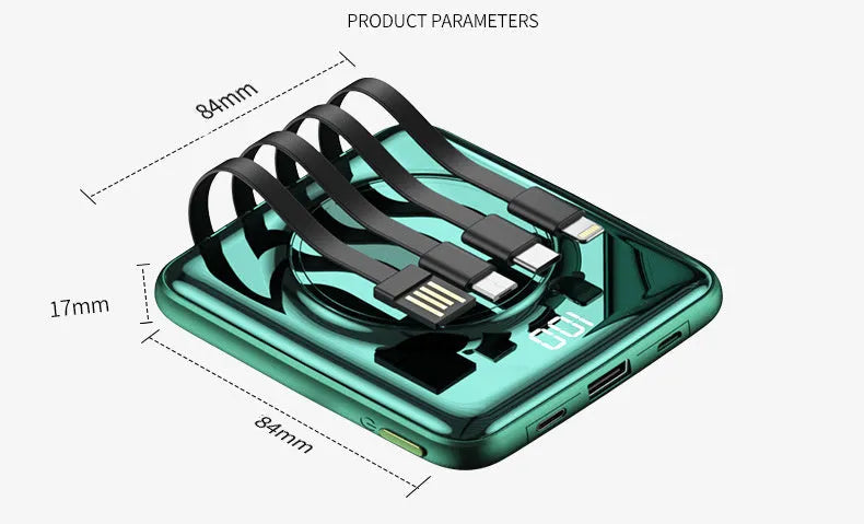 Compact square 20000mAh PD fast charging power bank with LCD screen in red, green, or black.