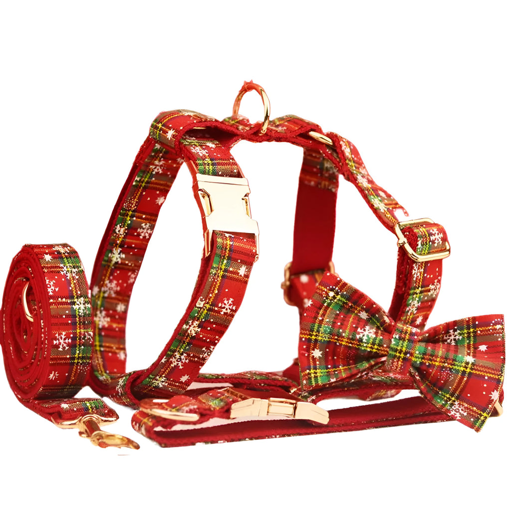 Red snowflake pattern Christmas dog collar leash vest bow four-piece set with plaid design