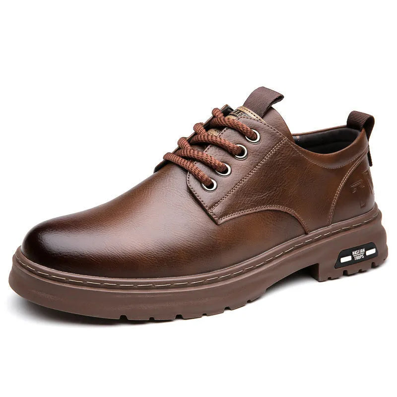 Men's black retro casual shoes with round toe, flat square heel, and decorative stitching on the PU upper.