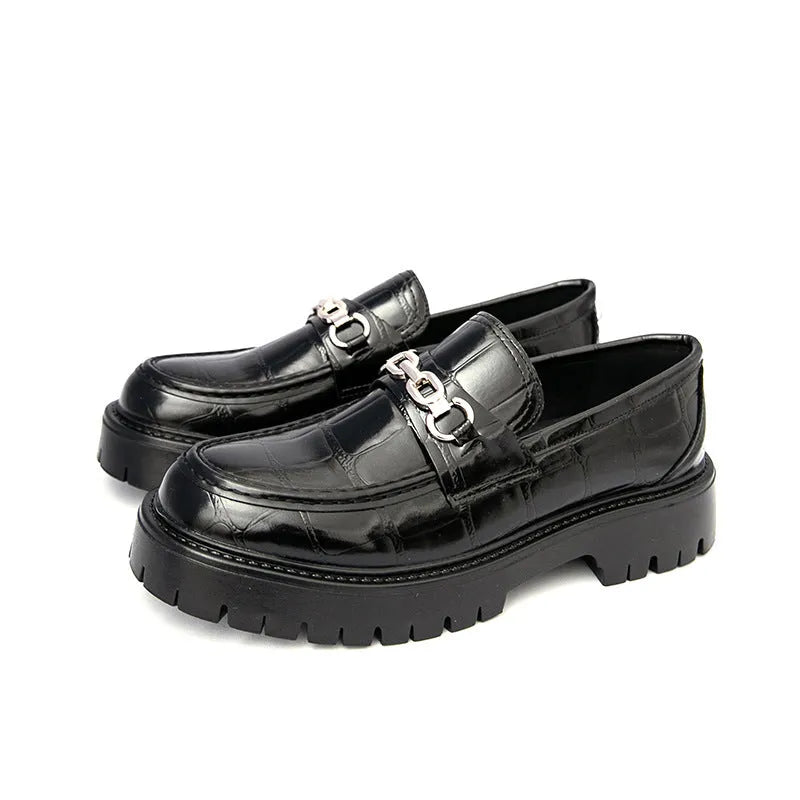 Men's black crocodile pattern leather loafers with flat heel platform sole British style autumn shoes