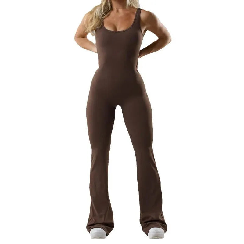 Women's milk silk yoga jumpsuit bodysuit in black with mid waist design and built-in chest pad