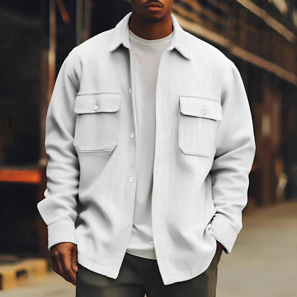 Men's solid colour polyester fibre jacket with digital print, loose fit, long sleeves, and patch pockets