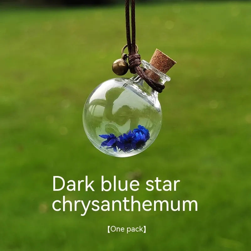Glass car perfume pendant with preserved flowers for interior decoration and air freshening
