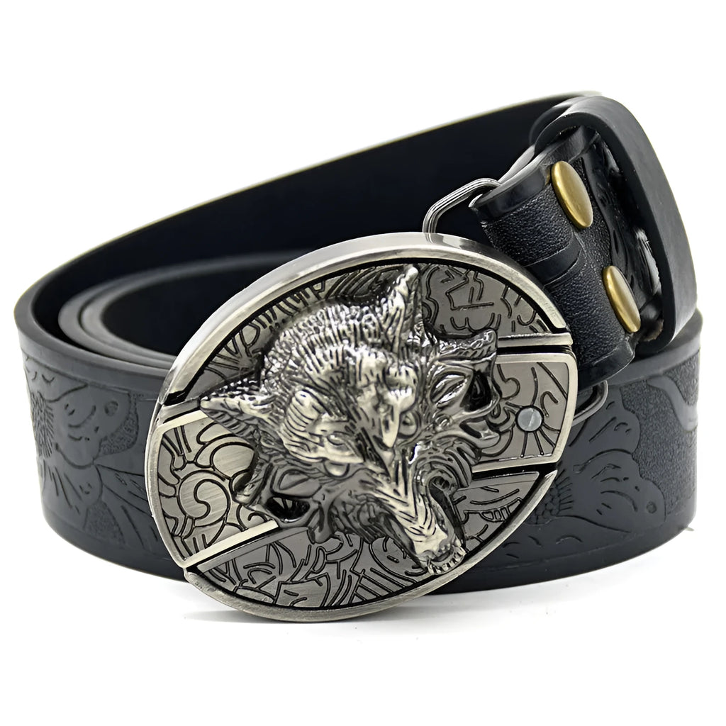 Men's black wolf head belt with 120cm imitation leather perforated strap and alloy buckle