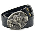Men's black wolf head belt with 120cm imitation leather perforated strap and alloy buckle